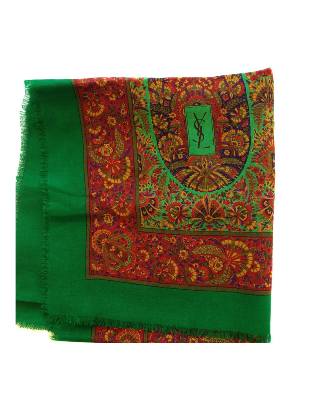 Grande étole YVES SAINT LAURENT en laine et soie vert imprimé