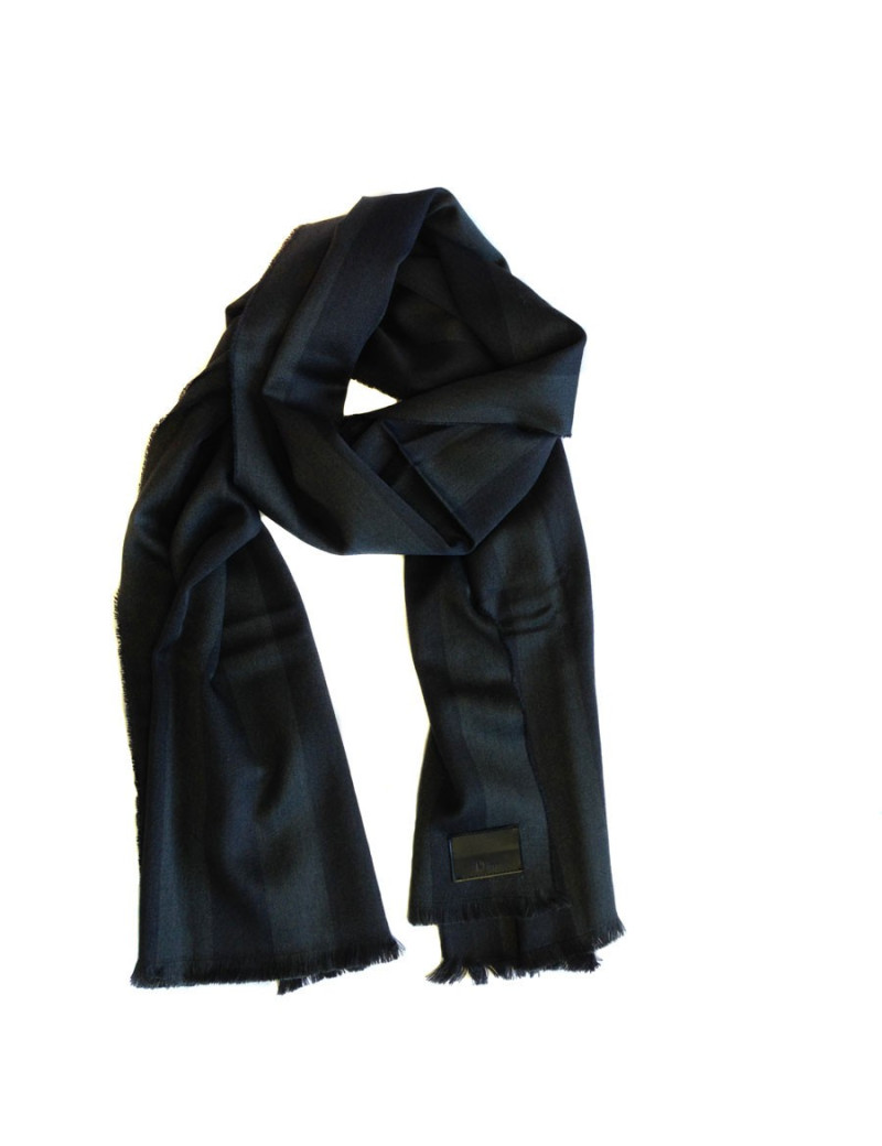 Echarpe DIOR gris anthracite à bord frangé en laine et soie