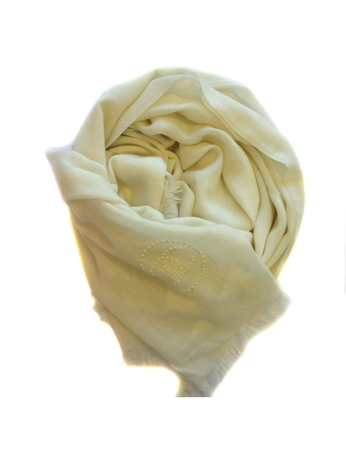 Etole CHANEL écrue à bord frangé en cachemire, soie et laine