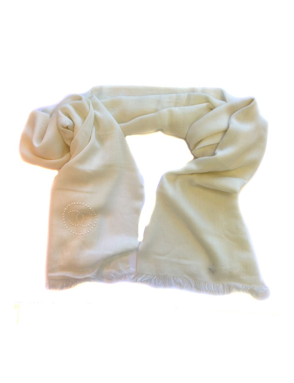 Etole CHANEL écru à bord frangé en cachemire, soie et laine