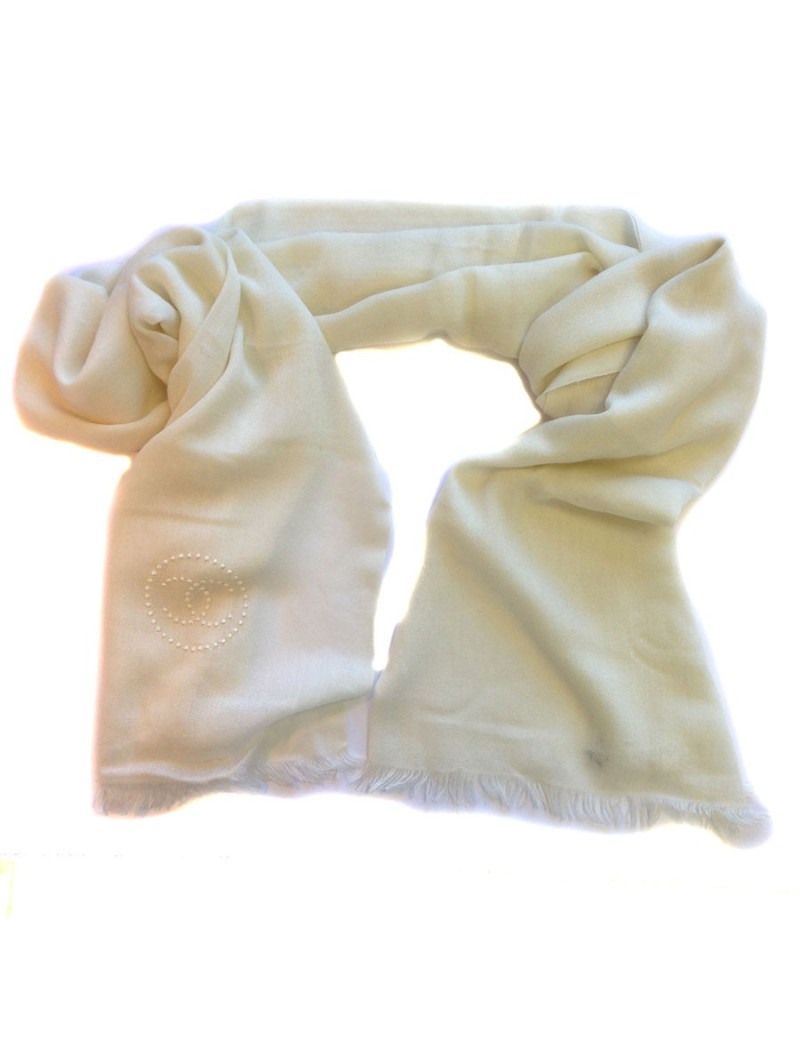 Etole CHANEL écru à bord frangé en cachemire, soie et laine