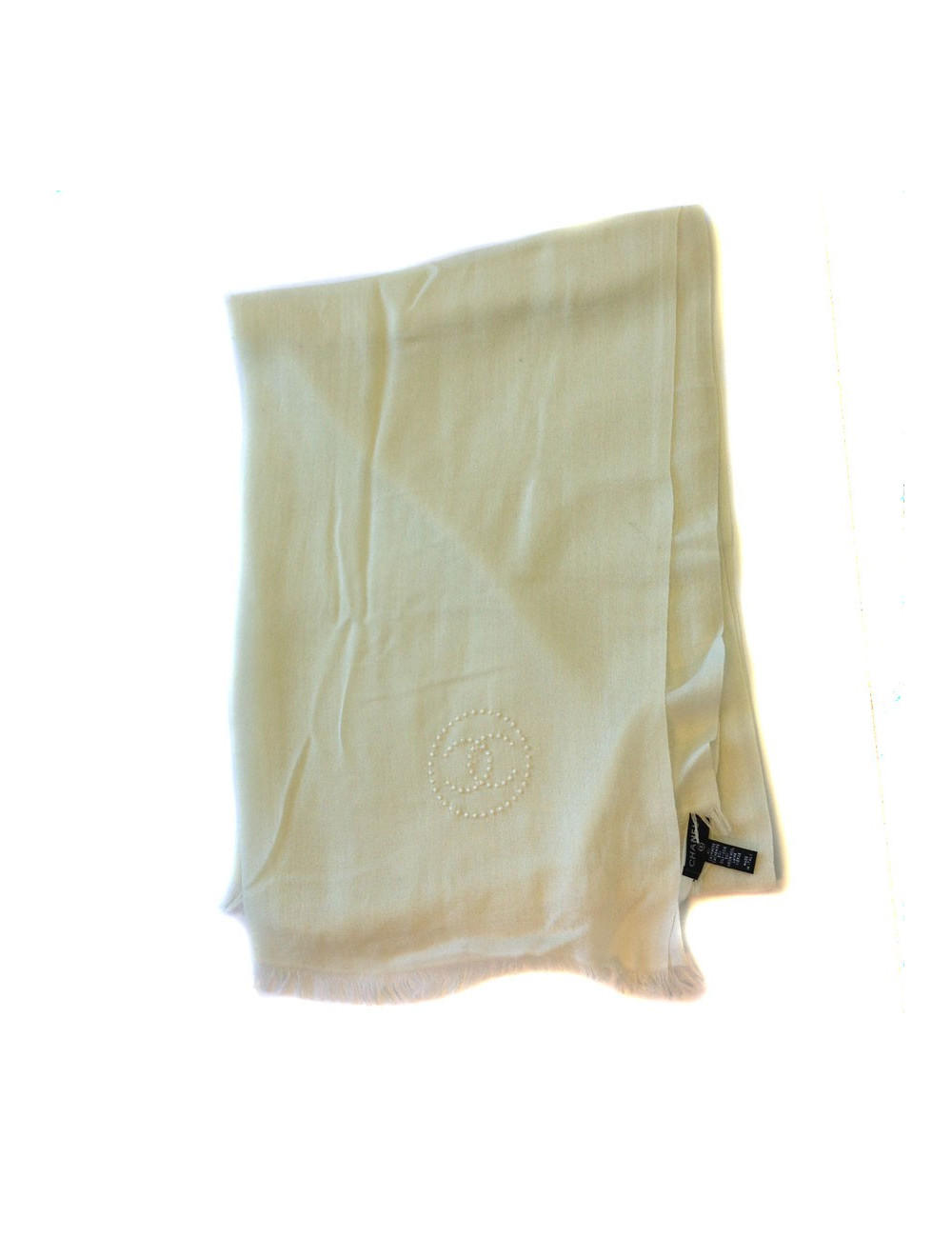 Etole CHANEL écrue à bord frangé en cachemire, soie et laine