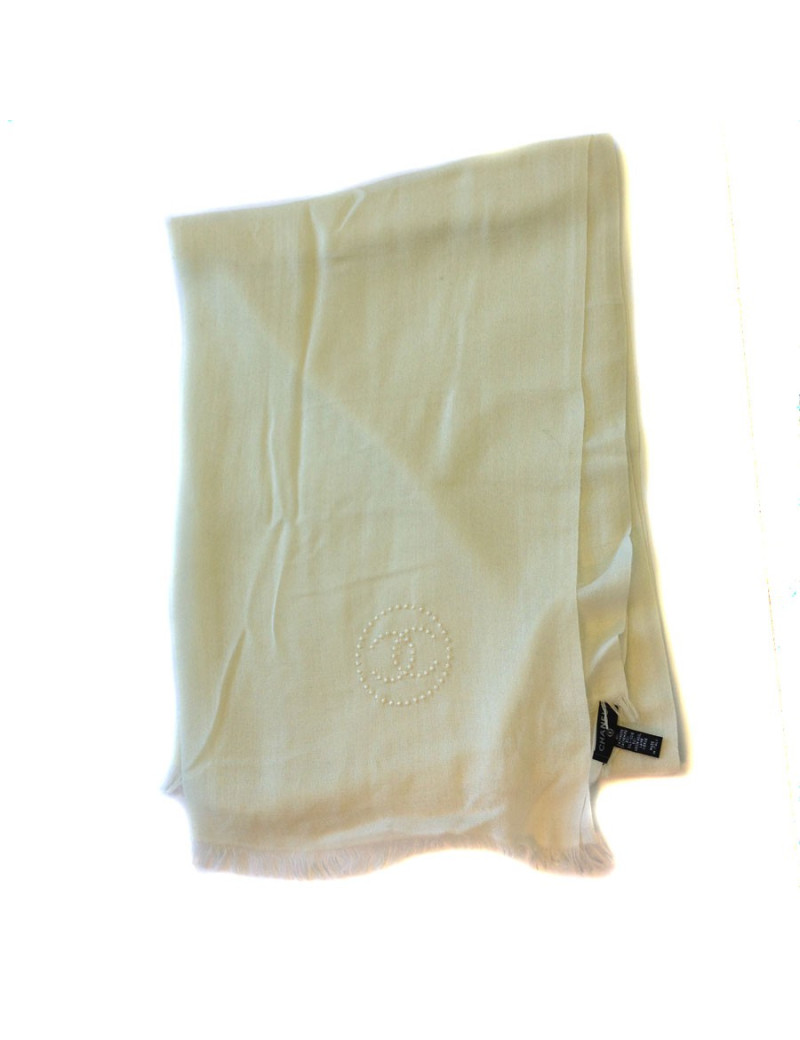 Etole CHANEL écru à bord frangé en cachemire, soie et laine