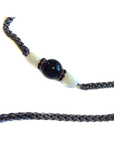Sautoir MARGUERITE DE VALOIS chaîne ruthénium, pâte de verre noire et blanche et strass swarovski violet 2