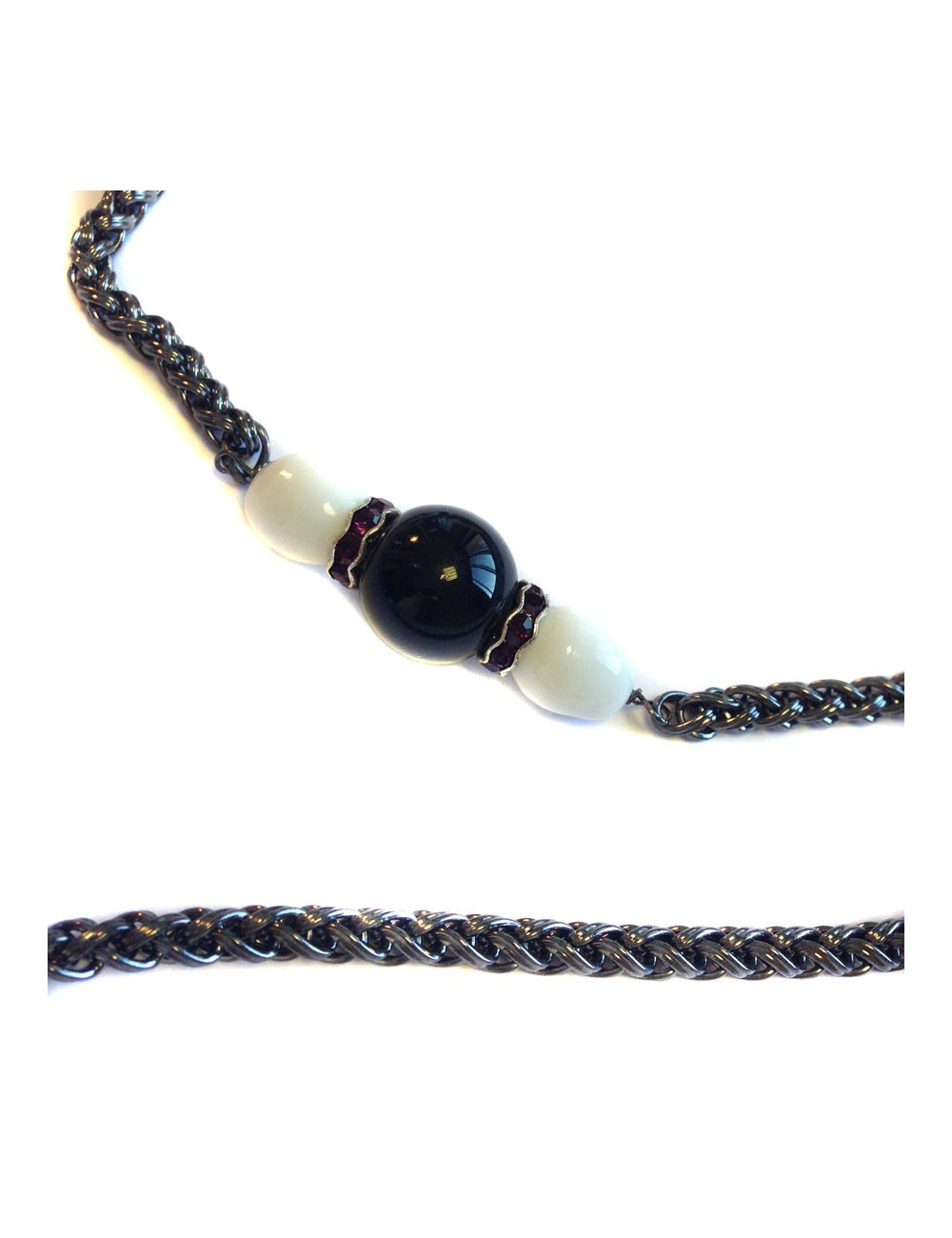 sautoir MARGUERITE DE VALOIS chaîne ruthénium, pâte de verre noire et blanche et strass swarovski violet