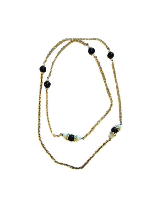 Sautoir MARGUERITE DE VALOIS chaîne argentée, pâte de verre noire et blanche et strass svarowski blanc