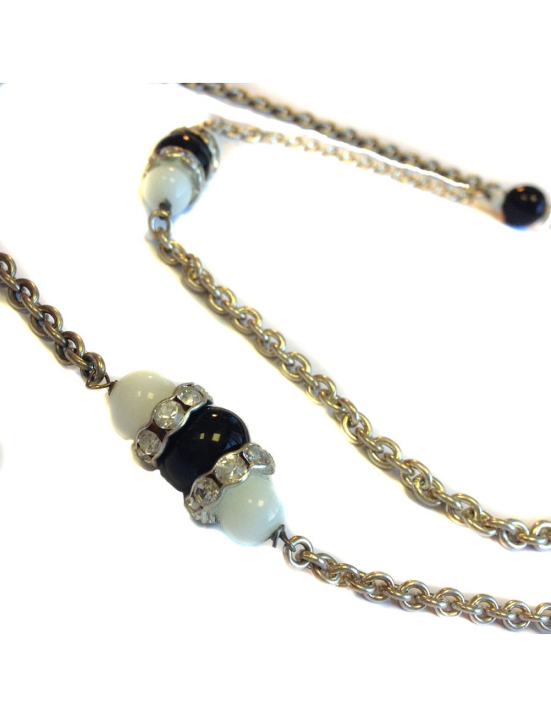 Sautoir MARGUERITE DE VALOIS chaîne argentée, pâte de verre noire et blanche et strass svarowski blanc