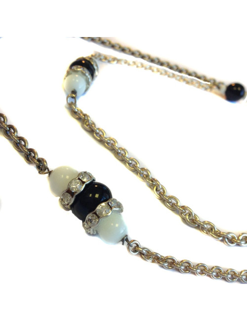 Sautoir MARGUERITE DE VALOIS chaîne argentée, pâte de verre noire et blanche et strass svarowski blanc