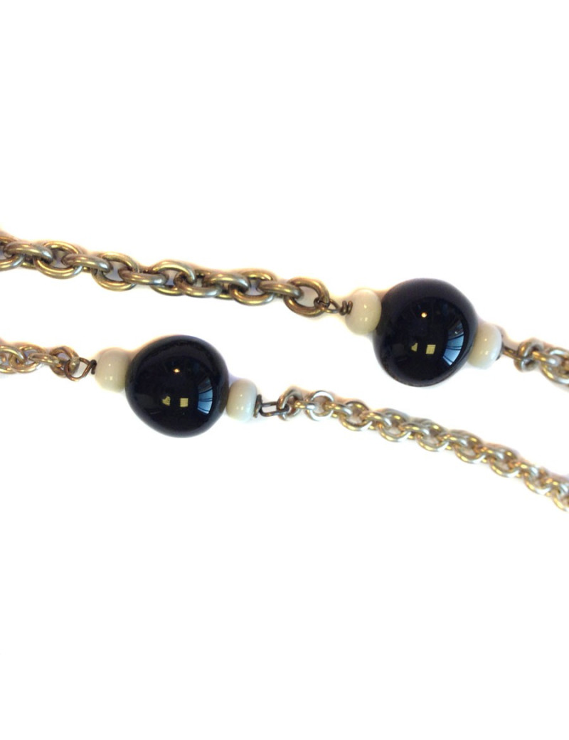 Sautoir MARGUERITE DE VALOIS chaîne argentée, pâte de verre noire et blanche et strass svarowski blanc