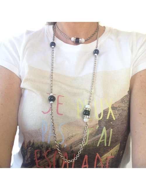 Sautoir MARGUERITE DE VALOIS chaîne argentée, pâte de verre noire et blanche et strass svarowski blanc