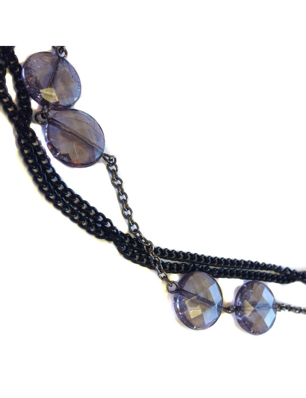 Sautoir MARGUERITE DE VALOIS multi chaîne noire et argent et pâte de verre mauve 2
