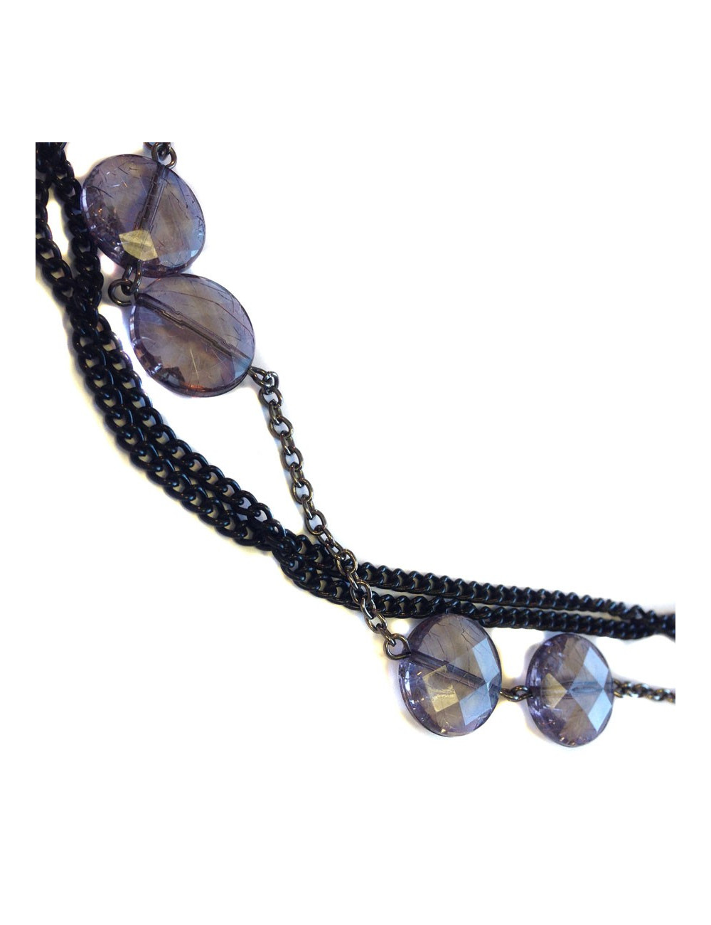 Sautoir MARGUERITE DE VALOIS multi chaînes fines ruthénium et argent et perles plates facettées