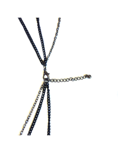 Sautoir MARGUERITE DE VALOIS multi chaîne noire et argent et pâte de verre mauve