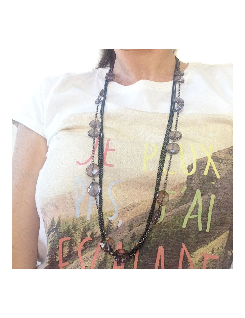 Sautoir MARGUERITE DE VALOIS multi chaînes fines ruthénium et argent et perles plates facettées