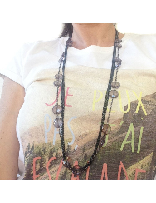 Sautoir MARGUERITE DE VALOIS multi chaînes fines ruthénium et argent et perles plates facettées