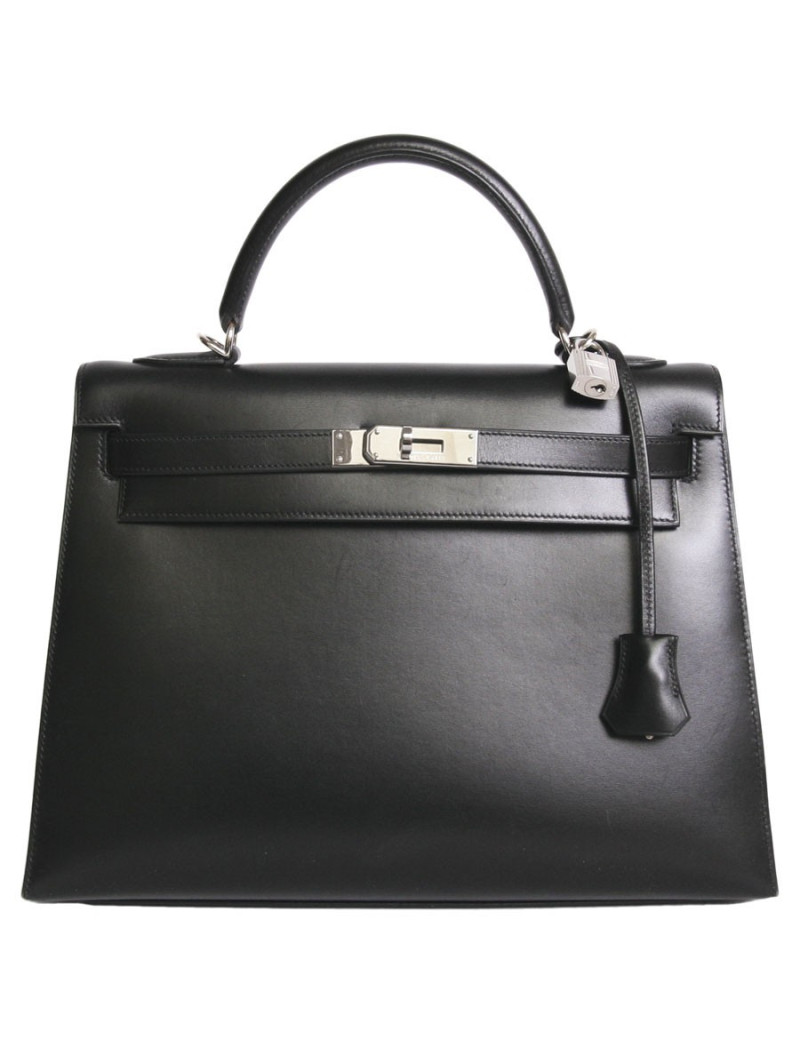Sac Kelly II 32 HERMES cuir box noir piqûres sellier bijouterie palladium