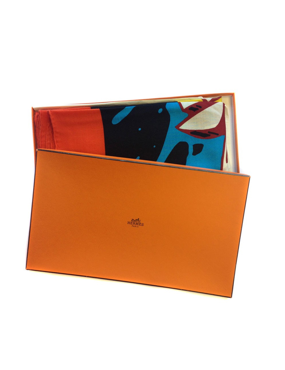 Châle HERMES bords noirs et orange cachemire et soie motif graffitis