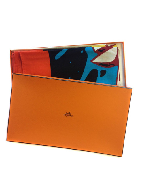Châle HERMES bords noirs et orange cachemire et soie motif graffitis