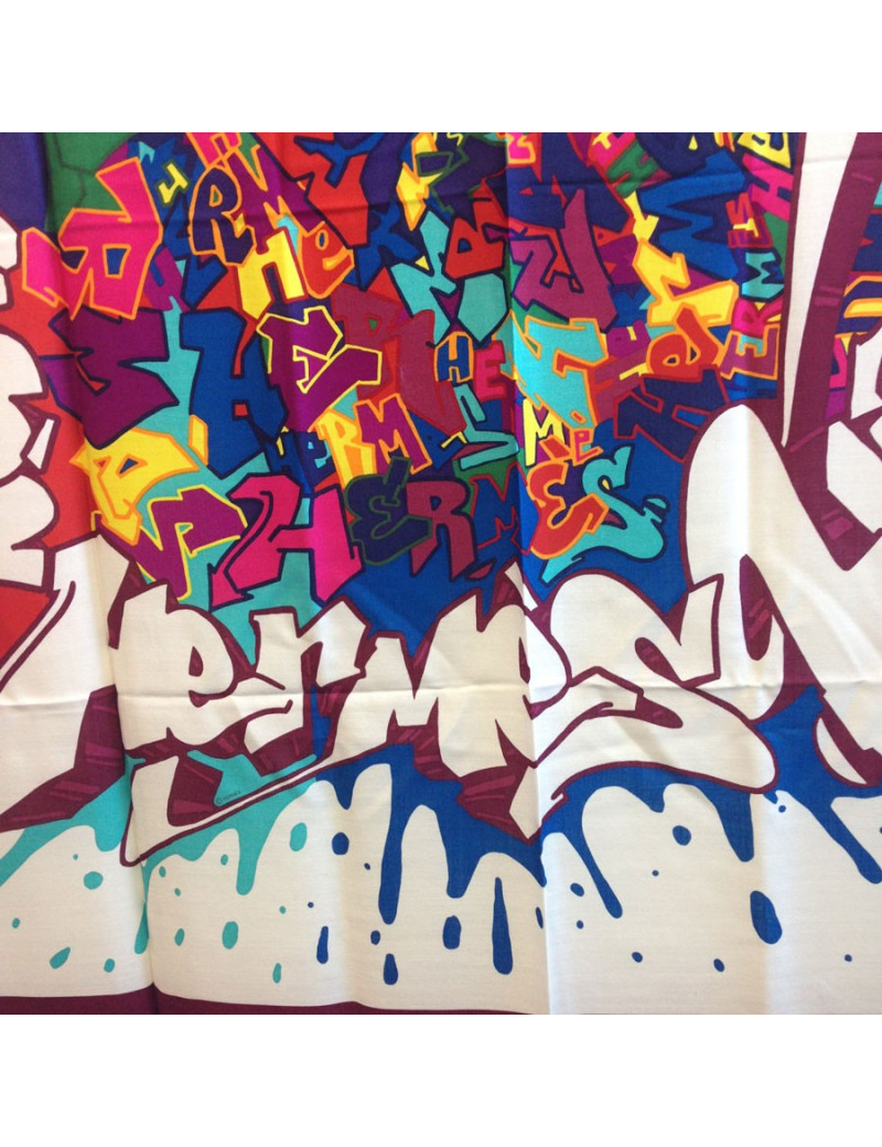 Châle HERMES bords prune cachemire et soie motif graffiti