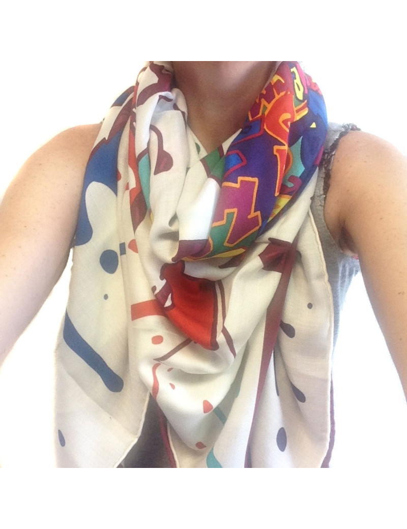 Châle HERMES bords prune cachemire et soie motif graffiti