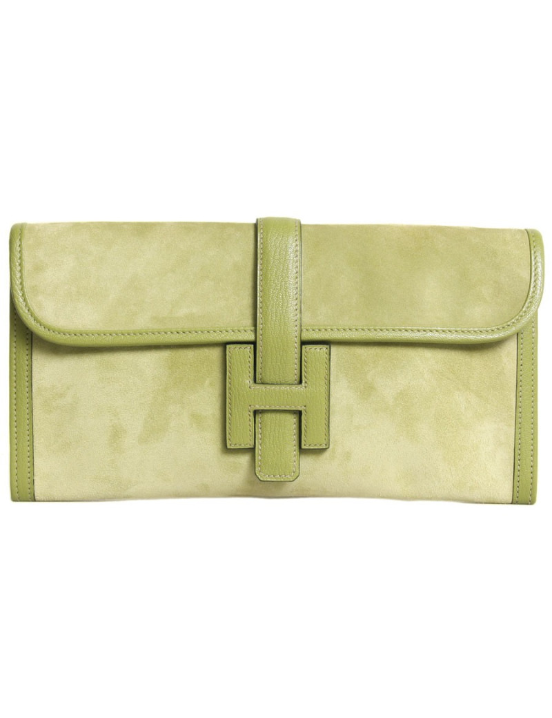  Pochette Jige HERMES veau velours  vert pistache