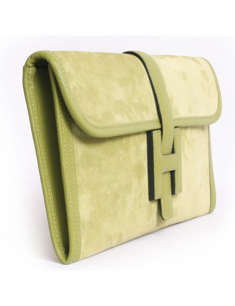  Pochette Jige HERMES veau velours  vert pistache