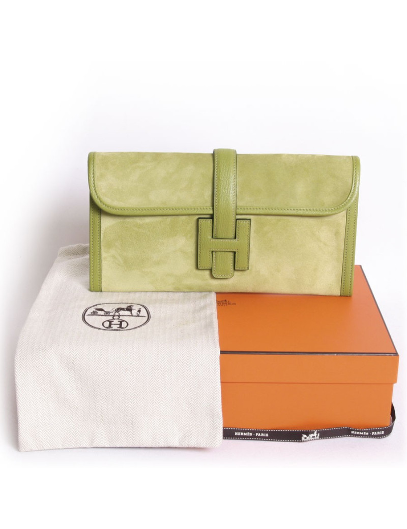  Pochette Jige HERMES veau velours  vert pistache