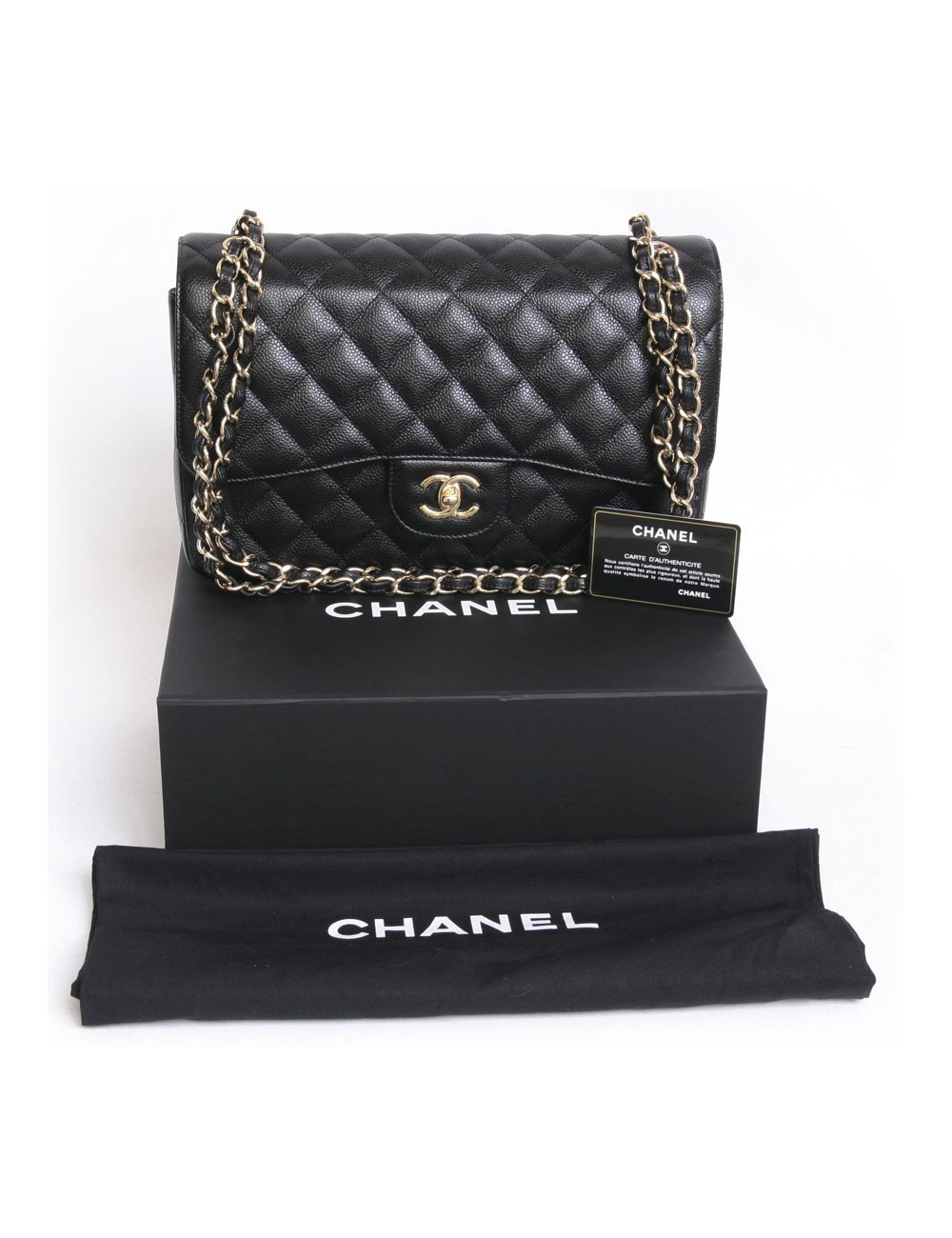 Sac Jumbo CHANEL en cuir caviar noir doré