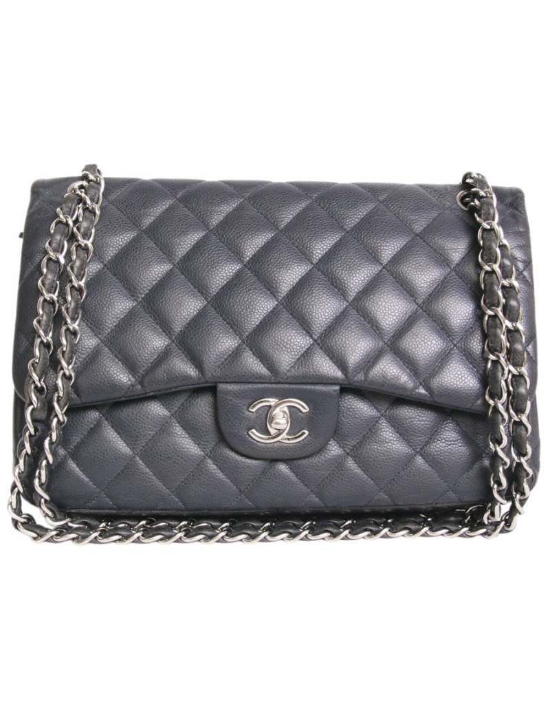 Sac jumbo CHANEL cuir caviar bicolore bleu et gris foncé