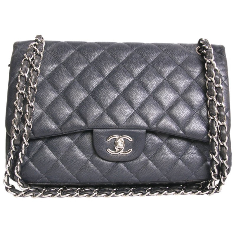 CHANEL leather two-tone blue and dark gray caviar jumbo bag