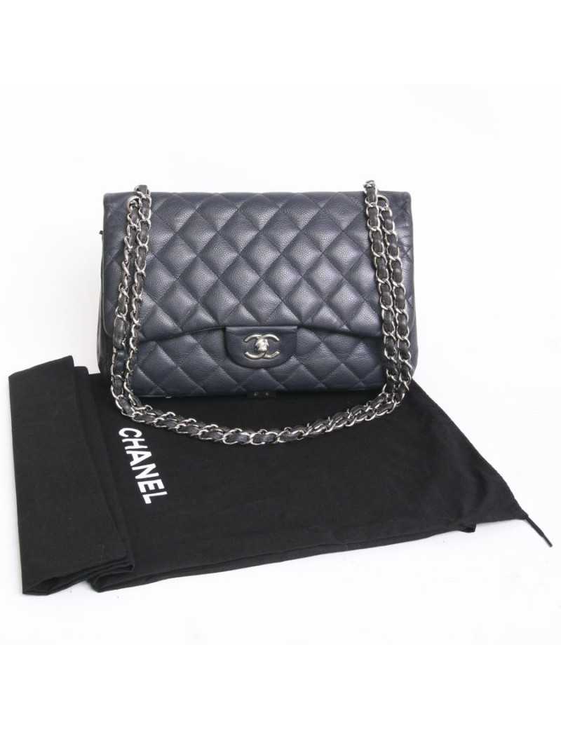 Sac jumbo CHANEL cuir caviar bicolore bleu et gris foncé