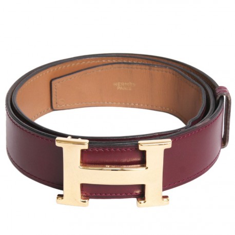 "H" HERMES Burgundy box leather belt