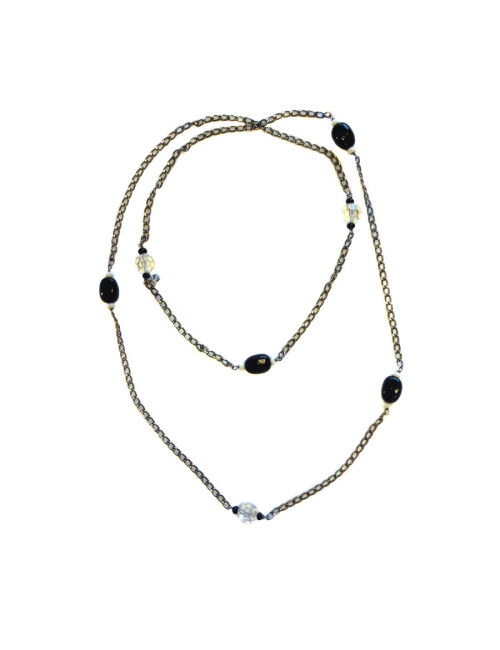 Sautoir MARGUERITE DE VALOIS chaîne argentée, pâte de verre noire et blanche et cristaux svarowski transparents