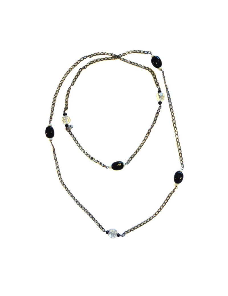 Sautoir MARGUERITE DE VALOIS chaîne argentée, pâte de verre noire et blanche et cristaux svarowski transparents