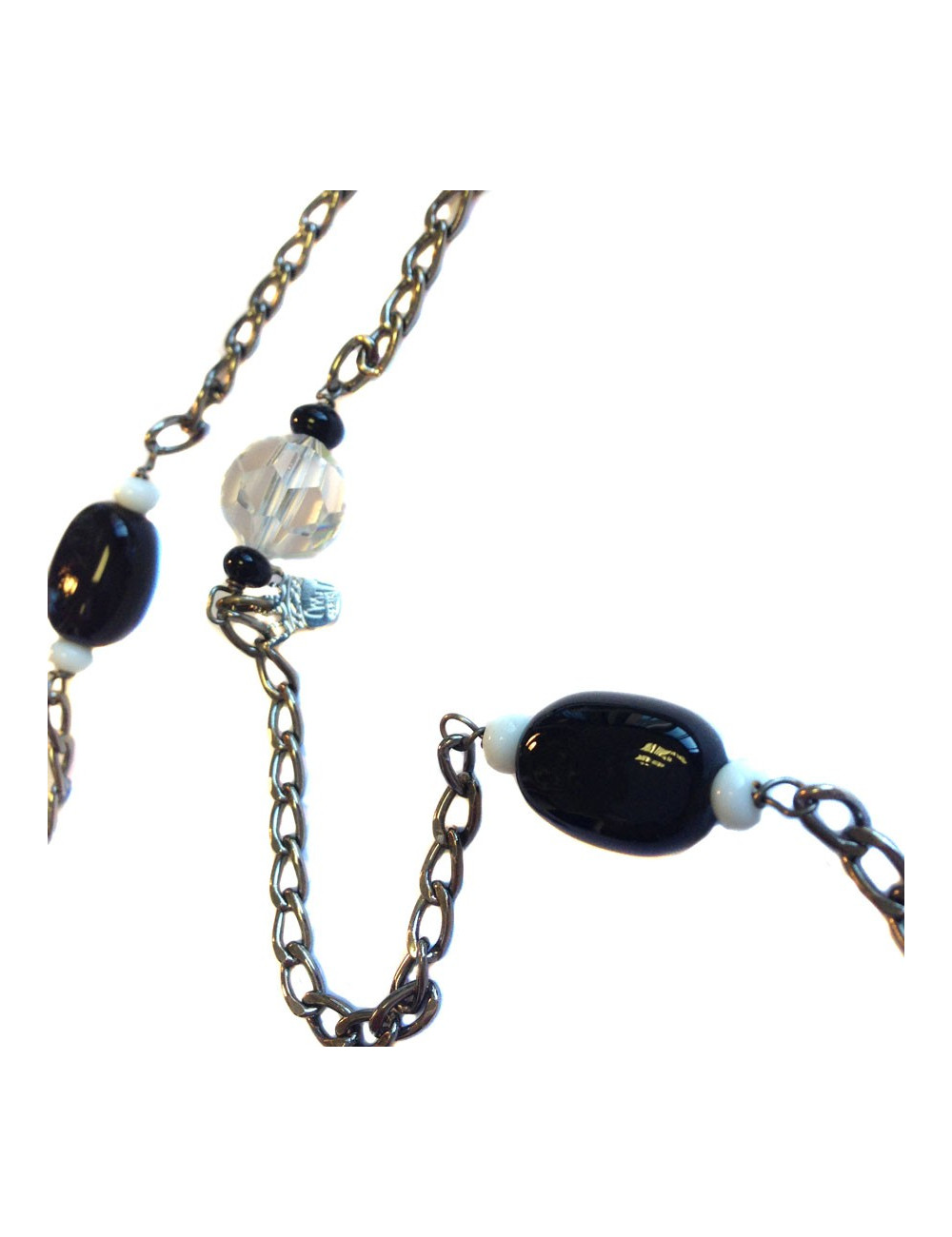 Sautoir MARGUERITE DE VALOIS chaîne argentée, pâte de verre noire et blanche et cristaux svarowski transparents