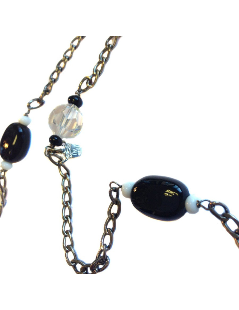 Sautoir MARGUERITE DE VALOIS chaîne argentée, pâte de verre noire et blanche et cristaux svarowski transparents