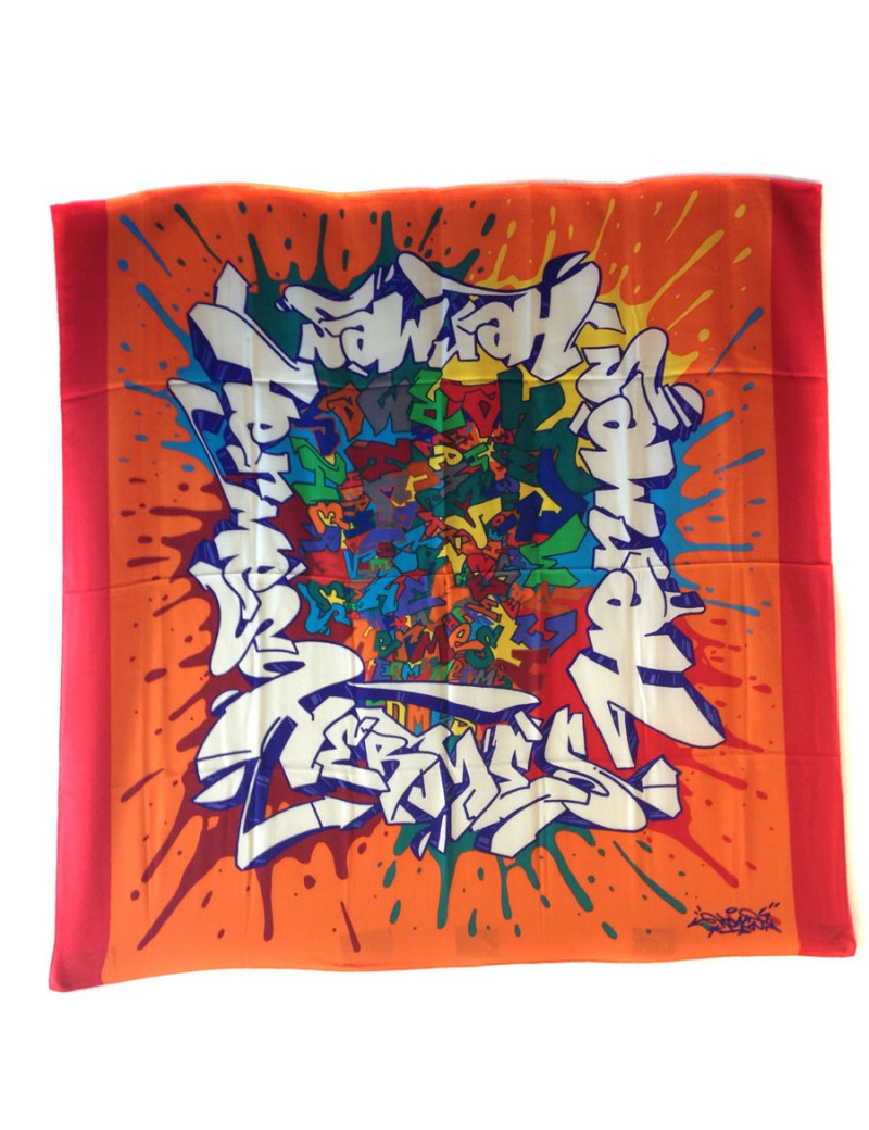 Châle HERMES orange cachemire et soie modèle graffiti
