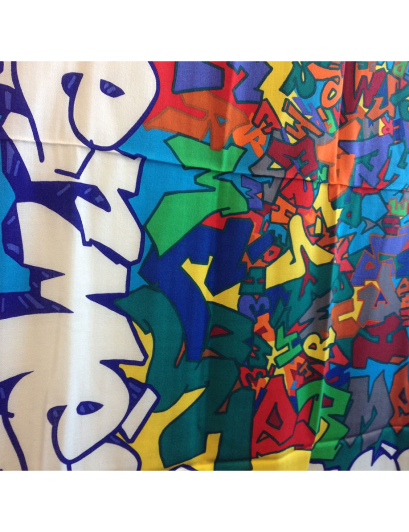 Châle HERMES orange cachemire et soie modèle graffiti