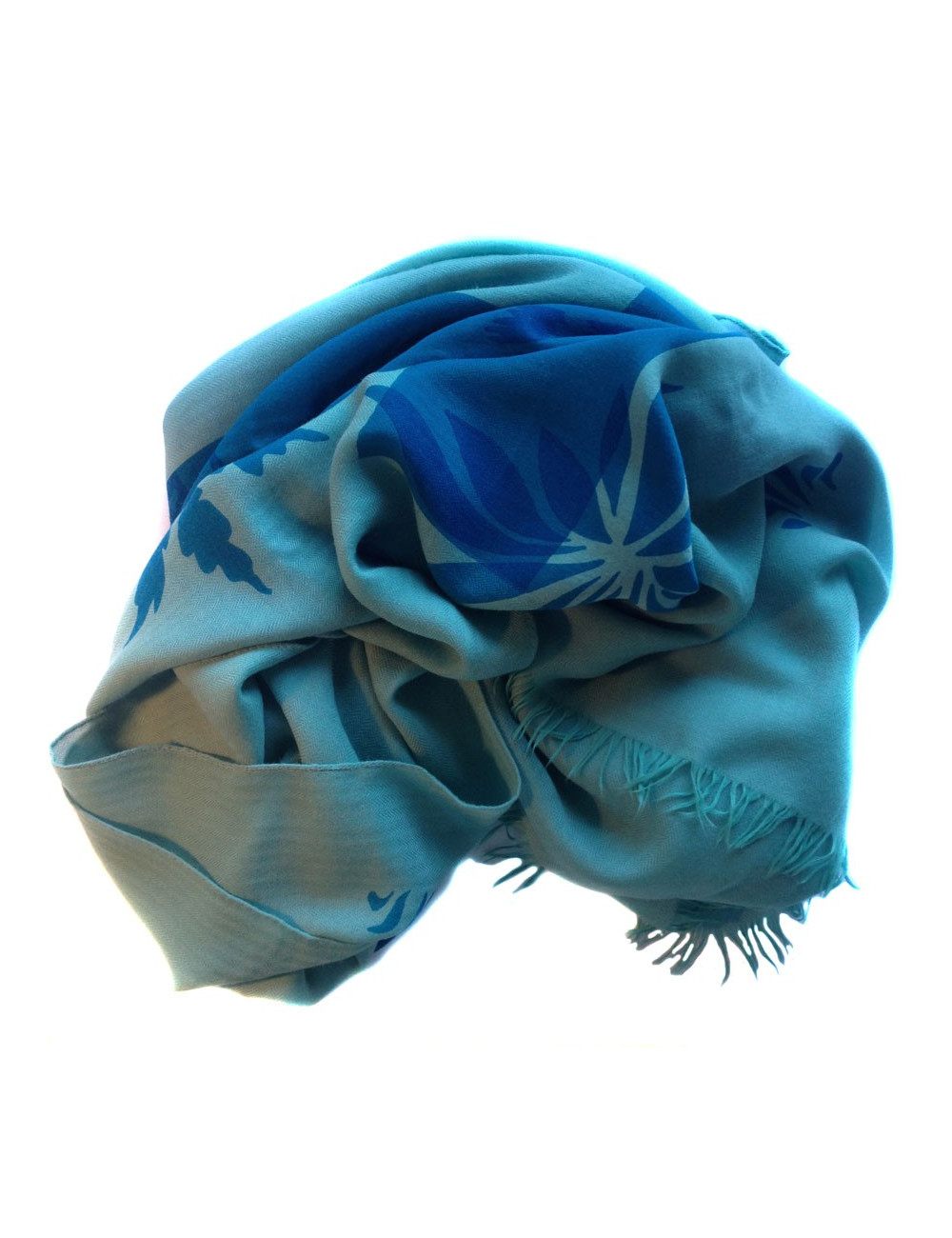 Grand châle HERMES bleu ciel en cachemire et laine motif floral