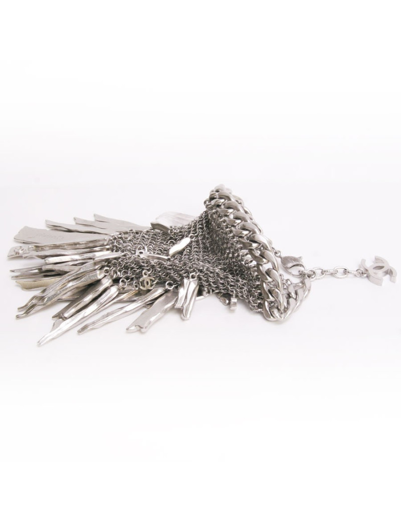 Bracelet  côte de maille CHANEL en métal argenté et cristal de roche