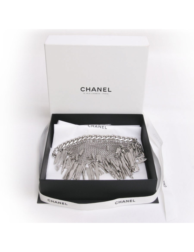 Bracelet maille CHANEL en métal argenté et cristal de roche