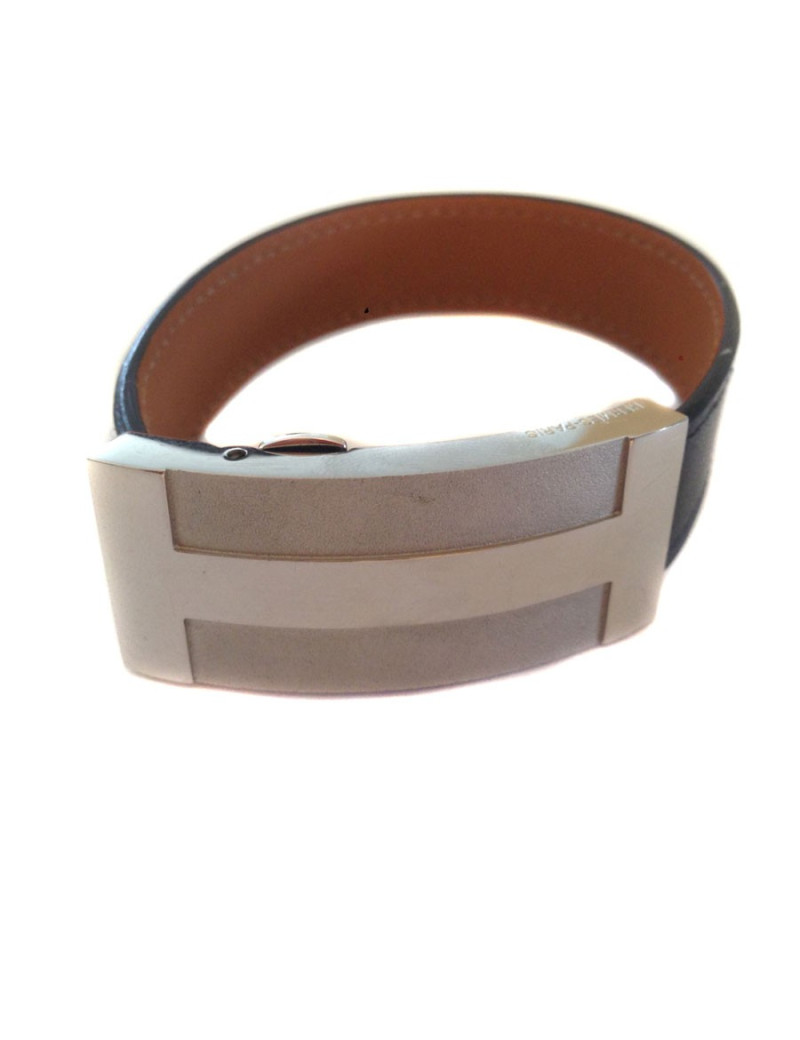 Bracelet HERMES homme cuir et métal palladié