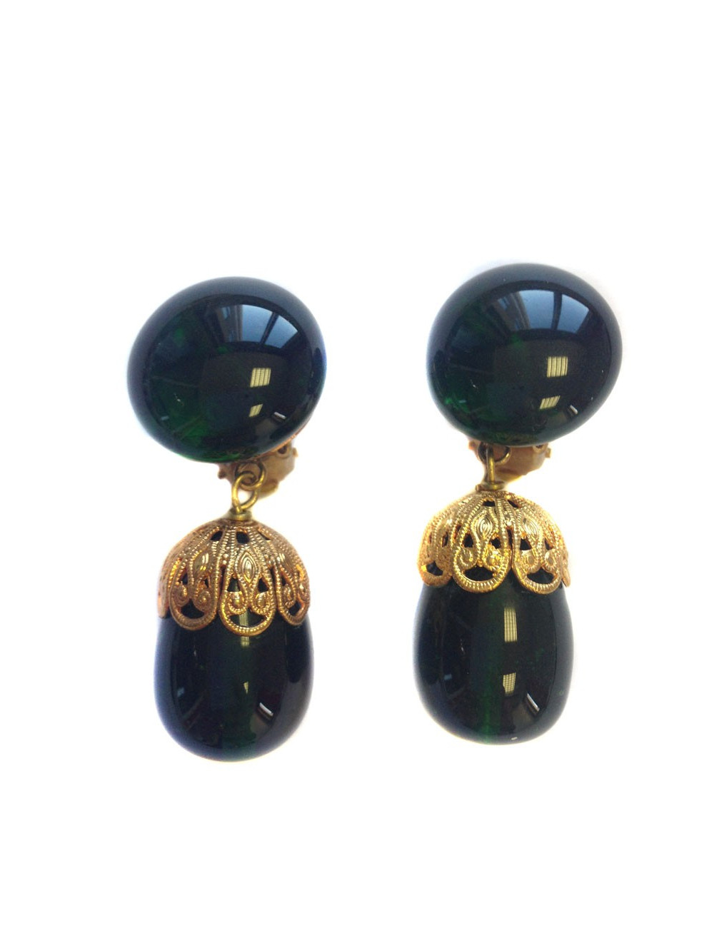 Clips d'oreilles MARGUERITE DE VALOIS pâte de verre émeraude et métal doré