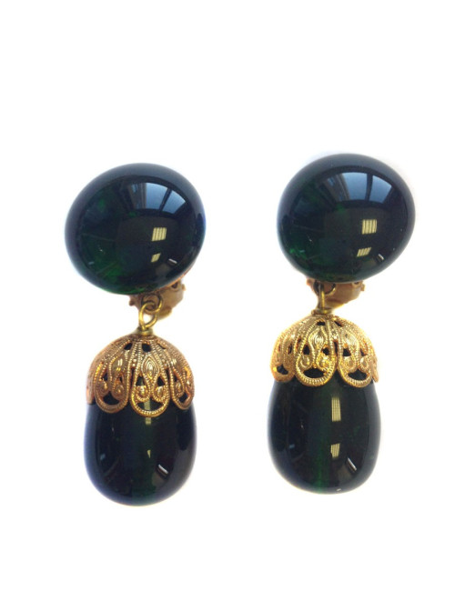 Clips d'oreilles MARGUERITE DE VALOIS pâte de verre émeraude et métal doré