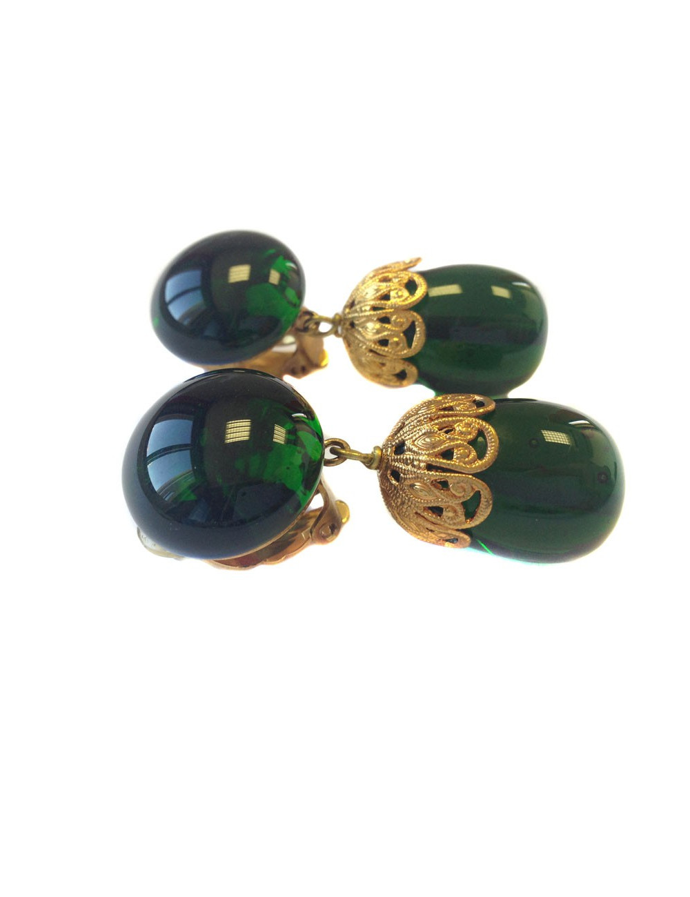 Clips d'oreilles MARGUERITE DE VALOIS pâte de verre émeraude et métal doré