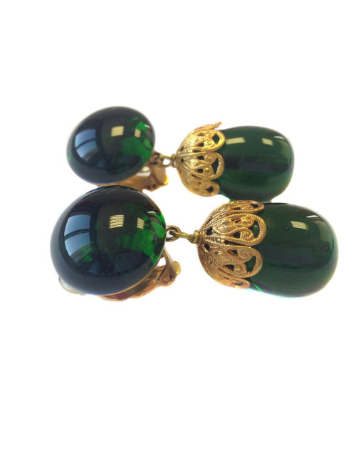 Clips d'oreilles MARGUERITE DE VALOIS pâte de verre émeraude et métal doré