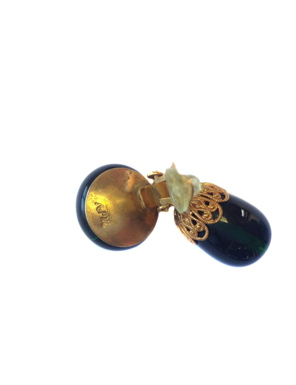 Clips d'oreilles MARGUERITE DE VALOIS pâte de verre émeraude et métal doré