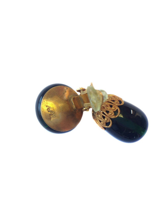 Clips d'oreilles MARGUERITE DE VALOIS pâte de verre émeraude et métal doré