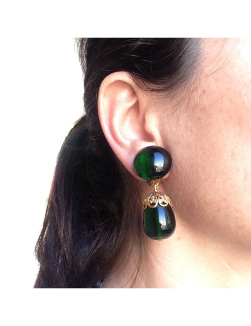 Clips d'oreilles MARGUERITE DE VALOIS pâte de verre émeraude et métal doré