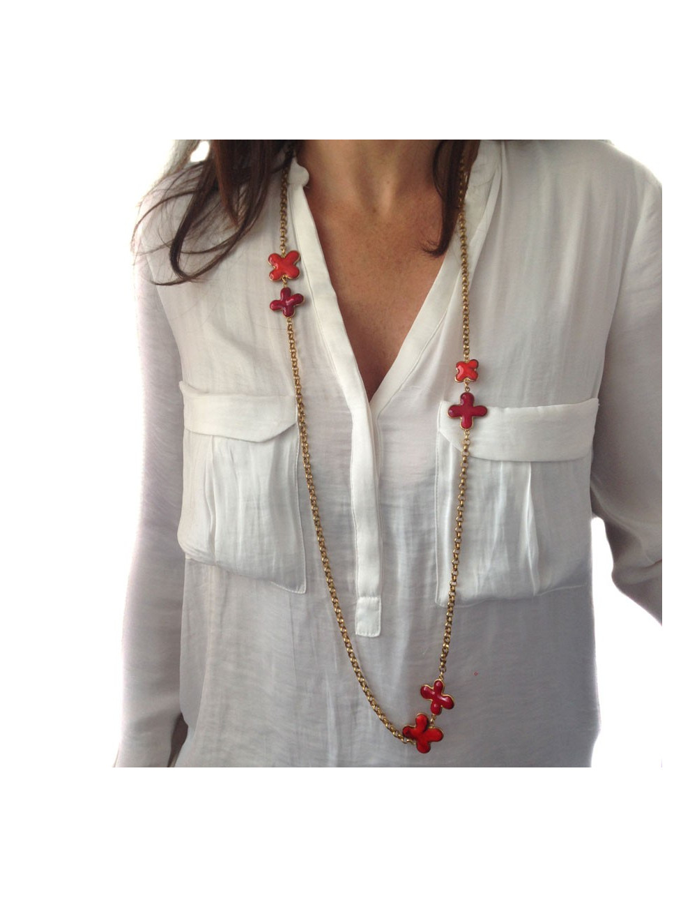 MARGUERITE of VALOIS long necklace in gilt metal and molten glass